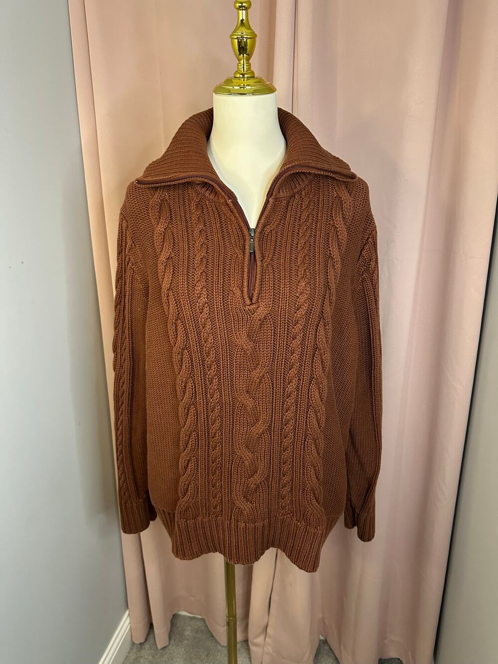 EUC L.L. Double L Cable Sweater Burnt Mahogany Brown 1/4 Zip 3X PLUS 100% Cotton